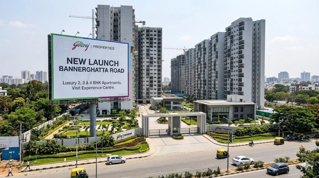 A stunning architectural view of the Godrej Properties new launch residential towers on Bannerghatta Road, Bangalore, showcasing luxury high-rise apartments surrounded by expansive green spaces and premium lifestyle amenities.